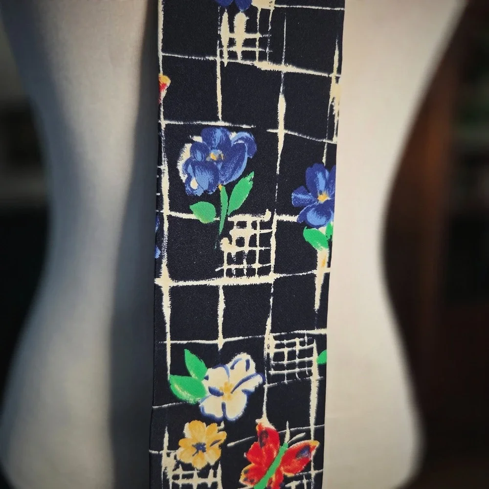 Structure Silk Tie Vintage 90s Necktie Floral Butterfly Grid Navy Blue Mens USA